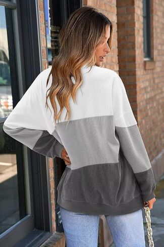 KISSMODA Womens Casual Long Sleeve Sweatshirts Color Block/Solid Tops Corduroy Crewneck Tunic Pullover with Pockets in Kuwait