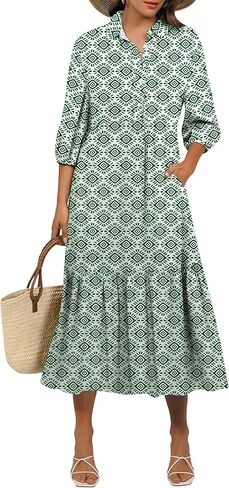 ANRABESS Women Casual 3/4 Puff Sleeve Polo V Neck Floral Printed Flowy Swing Loose Summer Boho Maxi Shirt Dresses in Saudi Arabia