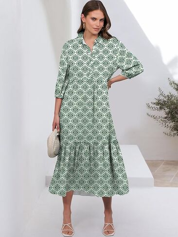 ANRABESS Women Casual 3/4 Puff Sleeve Polo V Neck Floral Printed Flowy Swing Loose Summer Boho Maxi Shirt Dresses in Saudi Arabia