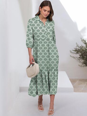 ANRABESS Women Casual 3/4 Puff Sleeve Polo V Neck Floral Printed Flowy Swing Loose Summer Boho Maxi Shirt Dresses in Saudi Arabia