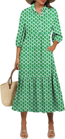 ANRABESS Women Casual 3/4 Puff Sleeve Polo V Neck Floral Printed Flowy Swing Loose Summer Boho Maxi Shirt Dresses in Saudi Arabia
