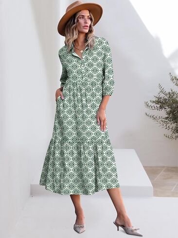ANRABESS Women Casual 3/4 Puff Sleeve Polo V Neck Floral Printed Flowy Swing Loose Summer Boho Maxi Shirt Dresses in Saudi Arabia