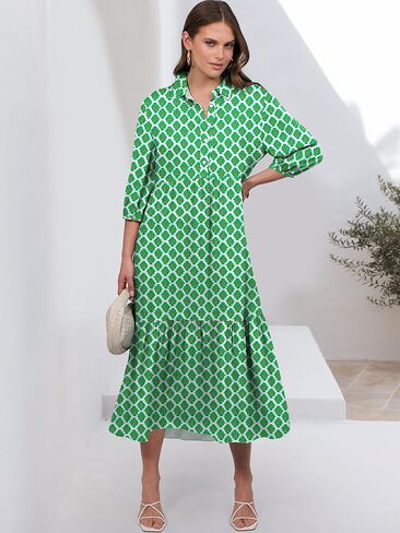 ANRABESS Women Casual 3/4 Puff Sleeve Polo V Neck Floral Printed Flowy Swing Loose Summer Boho Maxi Shirt Dresses in Saudi Arabia