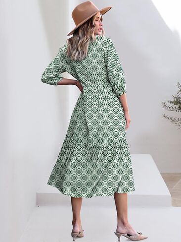 ANRABESS Women Casual 3/4 Puff Sleeve Polo V Neck Floral Printed Flowy Swing Loose Summer Boho Maxi Shirt Dresses in Saudi Arabia