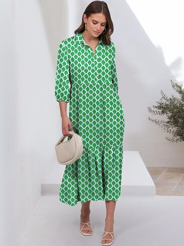 ANRABESS Women Casual 3/4 Puff Sleeve Polo V Neck Floral Printed Flowy Swing Loose Summer Boho Maxi Shirt Dresses in Saudi Arabia