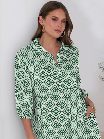 ANRABESS Women Casual 3/4 Puff Sleeve Polo V Neck Floral Printed Flowy Swing Loose Summer Boho Maxi Shirt Dresses in Saudi Arabia