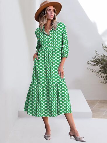 ANRABESS Women Casual 3/4 Puff Sleeve Polo V Neck Floral Printed Flowy Swing Loose Summer Boho Maxi Shirt Dresses in Saudi Arabia
