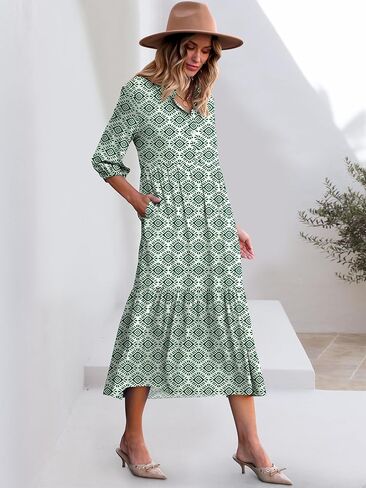 ANRABESS Women Casual 3/4 Puff Sleeve Polo V Neck Floral Printed Flowy Swing Loose Summer Boho Maxi Shirt Dresses in Saudi Arabia