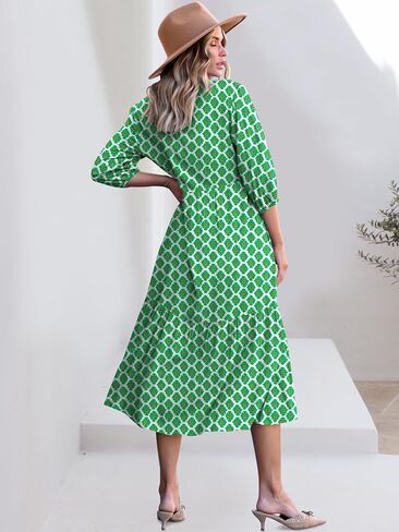 ANRABESS Women Casual 3/4 Puff Sleeve Polo V Neck Floral Printed Flowy Swing Loose Summer Boho Maxi Shirt Dresses in Saudi Arabia