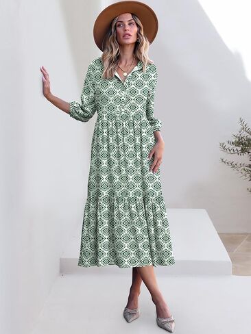 ANRABESS Women Casual 3/4 Puff Sleeve Polo V Neck Floral Printed Flowy Swing Loose Summer Boho Maxi Shirt Dresses in Saudi Arabia