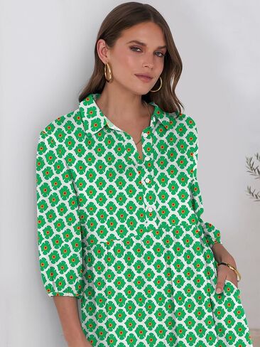 ANRABESS Women Casual 3/4 Puff Sleeve Polo V Neck Floral Printed Flowy Swing Loose Summer Boho Maxi Shirt Dresses in Saudi Arabia