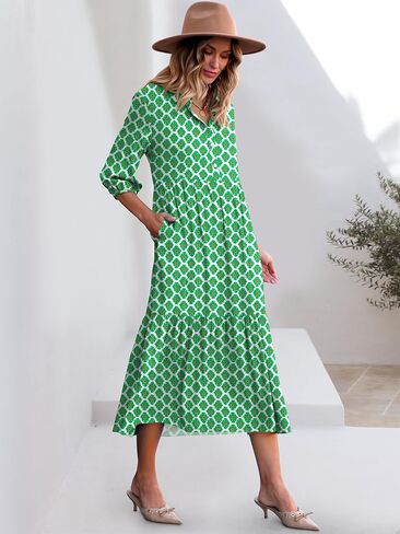 ANRABESS Women Casual 3/4 Puff Sleeve Polo V Neck Floral Printed Flowy Swing Loose Summer Boho Maxi Shirt Dresses in Saudi Arabia