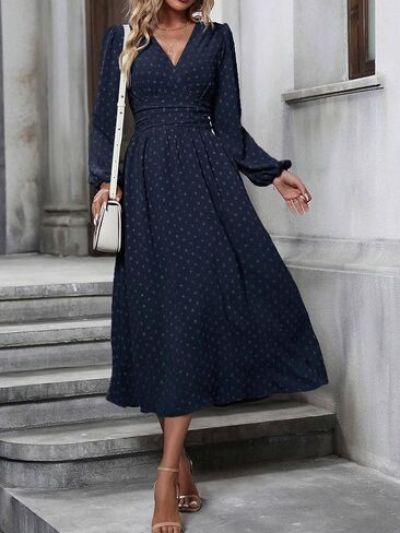 Narecte Womens Dresses Swiss Dot Fall Dresses for Women Lantern Sleeve Dress Midi Dresses Formal Dresses Casual Dresses in Saudi Arabia