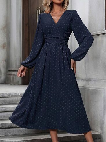 Narecte Womens Dresses Swiss Dot Fall Dresses for Women Lantern Sleeve Dress Midi Dresses Formal Dresses Casual Dresses in Saudi Arabia