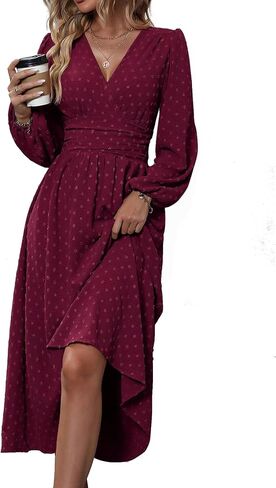 Narecte Womens Dresses Swiss Dot Fall Dresses for Women Lantern Sleeve Dress Midi Dresses Formal Dresses Casual Dresses in Saudi Arabia