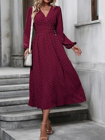 Narecte Womens Dresses Swiss Dot Fall Dresses for Women Lantern Sleeve Dress Midi Dresses Formal Dresses Casual Dresses in Saudi Arabia