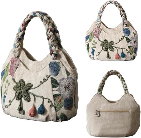 Women Cotton Canvas Tote Bag Hippie Hemp Boho Embroidery Canvas Tote Bag With Zipper Multi Pocket Retro Handbag Floral Purse in Kuwait