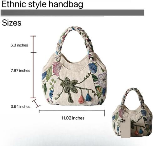 Women Cotton Canvas Tote Bag Hippie Hemp Boho Embroidery Canvas Tote Bag With Zipper Multi Pocket Retro Handbag Floral Purse in Kuwait