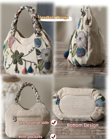 Women Cotton Canvas Tote Bag Hippie Hemp Boho Embroidery Canvas Tote Bag With Zipper Multi Pocket Retro Handbag Floral Purse in Kuwait