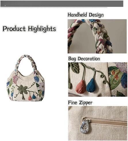 Women Cotton Canvas Tote Bag Hippie Hemp Boho Embroidery Canvas Tote Bag With Zipper Multi Pocket Retro Handbag Floral Purse in Kuwait
