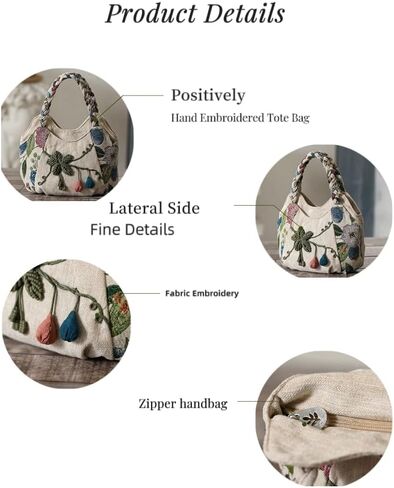 Women Cotton Canvas Tote Bag Hippie Hemp Boho Embroidery Canvas Tote Bag With Zipper Multi Pocket Retro Handbag Floral Purse in Kuwait