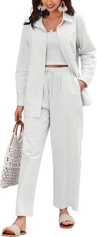 Zeagoo Women Linen Suit Two Piece Outfits Summer Beach Linen Shirt and Pants Set in Saudi Arabia