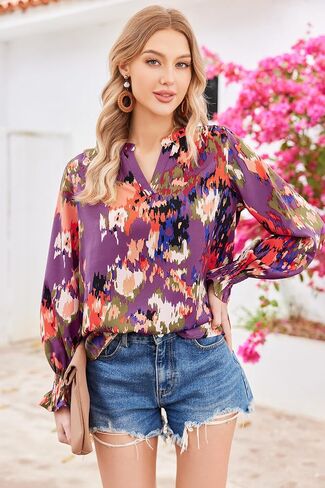 HOTOUCH المرأة البوهيمي الخامس الرقبة الأزهار طباعة Smocked كم طويل بلايز عادية الشيفون البلوزات بوهو قمصان in Saudi Arabia