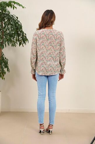 HOTOUCH المرأة البوهيمي الخامس الرقبة الأزهار طباعة Smocked كم طويل بلايز عادية الشيفون البلوزات بوهو قمصان in Saudi Arabia