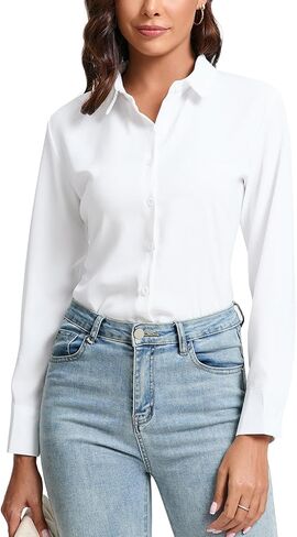 jonivey Womens Stretch Button Down Shirt Long Sleeve Wrinkle-Free Lightweight Smooth Loose Casual Office Work Shirts in Saudi Arabia