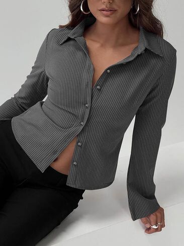 ECHOINE Women Button Down Shirts Long Sleeves Slim Fitted Casual Collared Blouses Work Striped Tops in Saudi Arabia