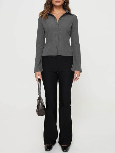 ECHOINE Women Button Down Shirts Long Sleeves Slim Fitted Casual Collared Blouses Work Striped Tops in Saudi Arabia