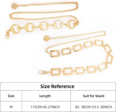 2 قطعة أحزمة سلسلة معدنية ذهبية أحزمة سلسلة الخصر الذهبية للنساء موضة قابلة للتعديل لفستان ملابس الجينز (مربع) in Kuwait
