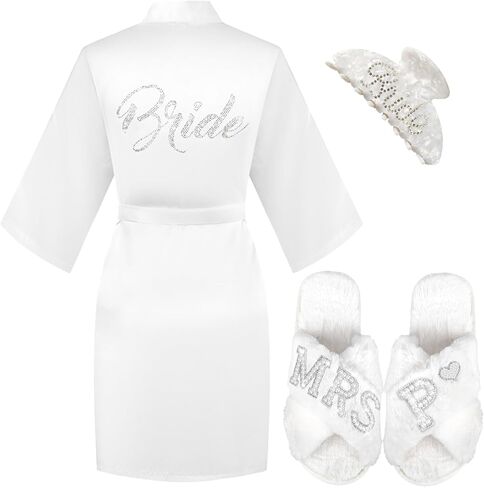 Personalized Initial Wedding Bride Slippers, Bride to Be Gifts, Bridal Shower Gifts, Bride Robe Slippers Hair Clip in Kuwait