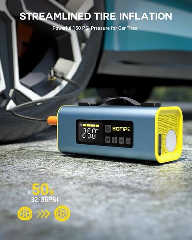 Tire Inflator Portable Air Compressor, 150PSI Cordless Tire Inflator with 2" LED Screen, 350 L/Min air pump for inflatables, 3 Light Modes Suitable for MPV, Car, Motorcycle（Yellow） in Saudi Arabia