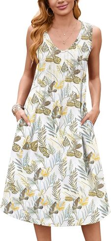 ZEAGOO Women Summer Casual Dress 2026 Sleeveless Midi Swing Tank Sundress with Pockets V Neck A Line Pleated Tshirt Dress in Kuwait