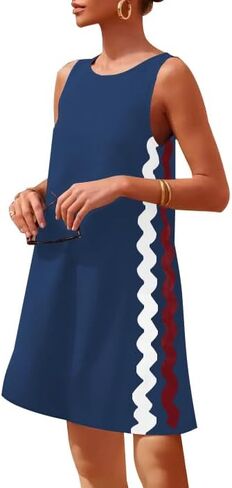 Women's Summer Casual Sleeveless Tank Dress Loose RIC Rac Crew Neck Boho Beach Mini Sundress with Pockets in Saudi Arabia