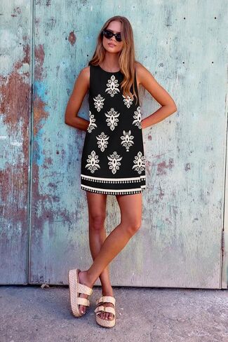 Women's Summer Casual Sleeveless Tank Dress Loose RIC Rac Crew Neck Boho Beach Mini Sundress with Pockets in Saudi Arabia