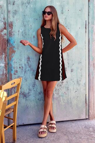 Women's Summer Casual Sleeveless Tank Dress Loose RIC Rac Crew Neck Boho Beach Mini Sundress with Pockets in Saudi Arabia