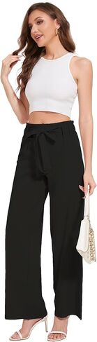 Women's Wide Leg Pants with Pockets, High Waist Adjustable Knot Loose Palazzo Trousers Business Work Casual Pants in Saudi Arabia