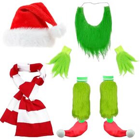 7 PCS Santa Claus Costumes Suit Adult Christmas Green Furry Monster Santa Costume for Men Xmas Holiday Outfit Set