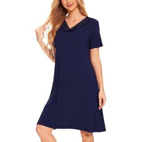 Women's Nightgowns - Viscose Made from Bamboo, Soft Short Sleeve Night Shirts Sleepwear Lace Pajama Dress