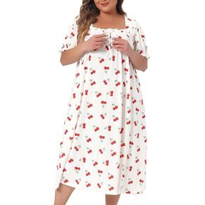 Agnes Orinda Plus Size Nightgowns for Women Cherry Sleepshirts Ruffle Princess Comfy Nightdress Pajamas Lounger