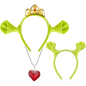 ATAYOU 3Pcs Halloween Couple Costume Accessories Set of Headband with Ears and Crown, Ogre Ears Headband and Heart Necklace
