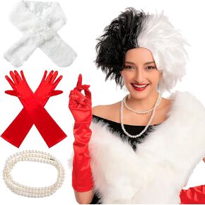 Spooktacular Creations Women Cruel Lady Costume Wig Set, Halloween Costume Accessories, Black and White Wig, Cosplay Party Accessories with Shawl, Gloves, Holder, Necklace and Short Bob Wavy Wig