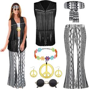 8 PCS 60s Women Hippie Costume, 70s Hippie Outfits with Tops and Flared Pants Glasses Necklace Set for Christmas