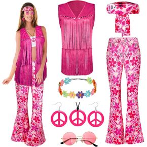 8 PCS 60s Women Hippie Costume, 70s Hippie Outfits with Tops and Flared Pants Glasses Necklace Set for Christmas