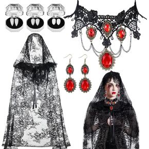 Halloween Vampire Costume Set Witch Black Lace Hooded Cloak Women Cosplay Party Cape Gothic Vampire Jewelry 3 Pairs Vampire Fangs Teeth