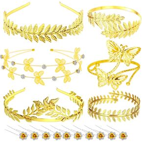 16PCS Greek Goddess Headband Accessories, Golden Roman Laurel Crown Leaf Headpiece Upper Arm Cuff Bracelet Armband Set Gold Wedding Hairband Toga Costume Accessories for Women