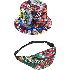 80s Fanny Pack Bucket Hat Set for Women Men Neon Waist Bag 90s Hat Retro Casual Outfit for 1980s Costume