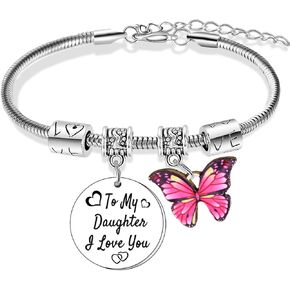 Wimeiren To My Daughter Bracelet I Love You Gifts for Daughter Christmas Birthday Gifts from Mom Dad Pink Butterfly Charm Bracelet Gifts for Daughter Graduation Gifts Daughter Present Jewelry